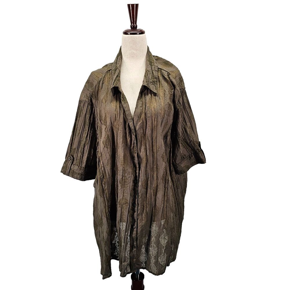 Catherines Olive Green Button Up Blouse Womens Short Sleeve Pleated Sz 3X 26/28W